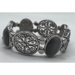 Cookie Lee Silver Tone Stretch‎ Bracelet Black Ovals Filigree 3/4" x 8"